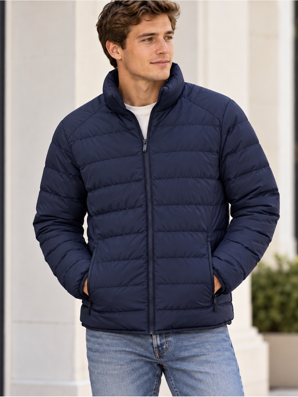 Zara Men's Navy Quilted Puffer Jacket Gray Duck Down and Feathers filled XL